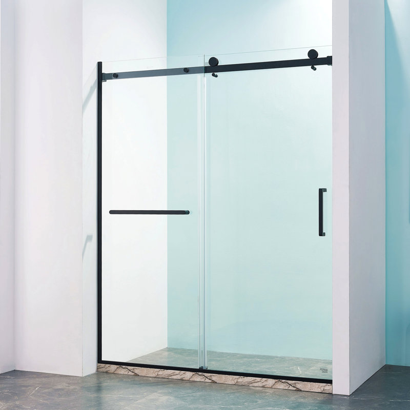 56-60"W X 75"H Semi-Frame Single Sliding Shower Door, 304 Stainless Steel In Matte Black, 5/16" (8Mm) Thick Sgcc Tempered Clear Glass