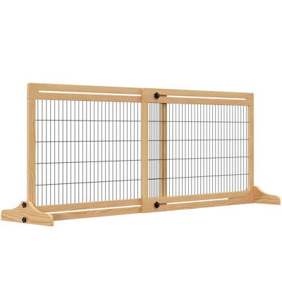 72" W X 26.57" H Pet Gate, Adjustable, Solid Pinewood & Steel Wire, For Dogs, Cats, House Interior Space, Doorway, Hallway, Natural Extra Wide H, Adjustable Small Medium Pets, Wood, Doorway Area,