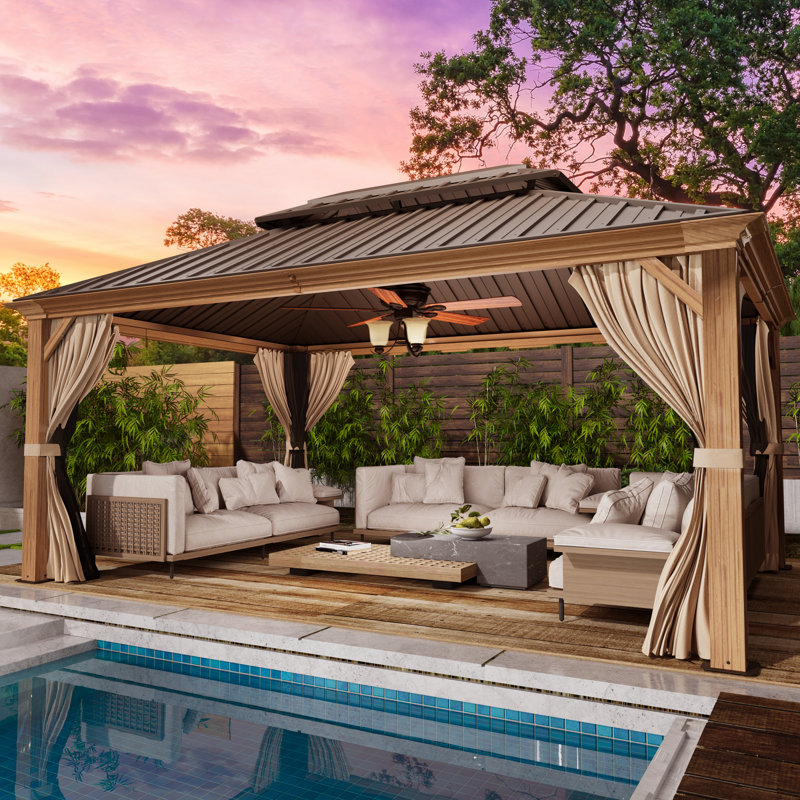 Pavillon de jardin en aluminium l 12 pi x P 16 pi avec double toit - Structure à grain de bois, plateau en acier galvanisé, rideaux et filet - Grand pavillon permanent pour patio, pelouse et terrasse