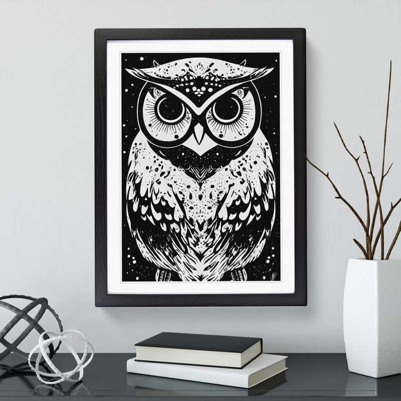 Monochrome Owl - Framed Print, Black, 64cm H x 46cm W x 2cm D