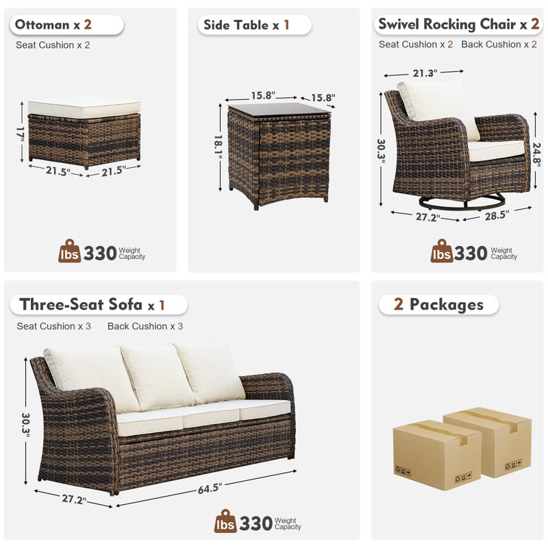  Patio Furniture Set With Swivel Rocking Chairs, 6 Pieces Patio Conversation Set, Outdoor Wicker Sofa Couch With Waterproof Cushions For Lawn Backyard Porch (Brown)