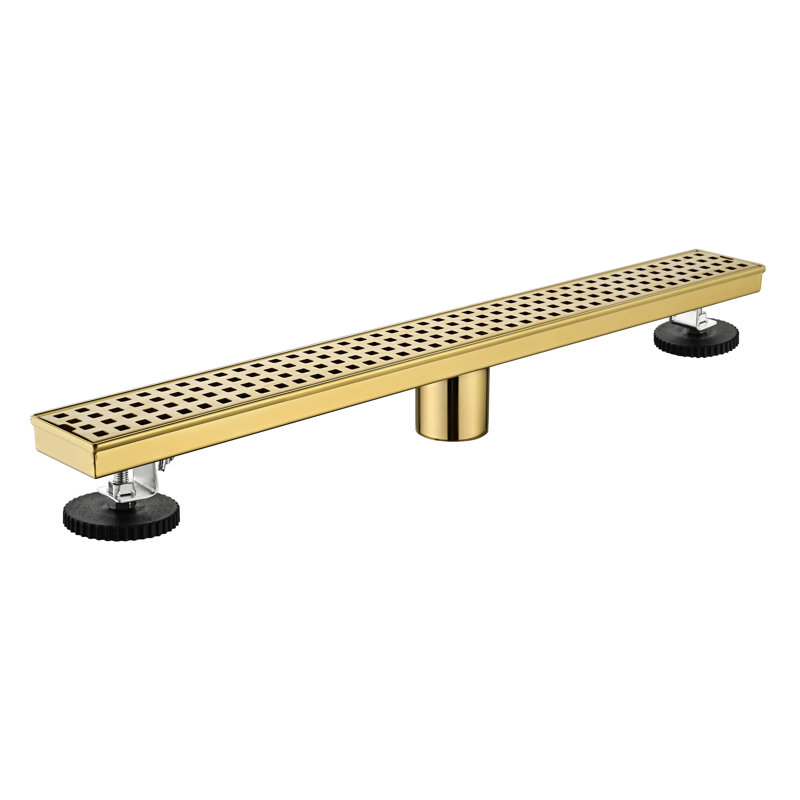 24 Inch Linear Shower Drain With Removable Quadrato Pattern Grate Cover, 304 Stainless Steel Shower Floor Drain With Hair Strainer And Leveling Feet