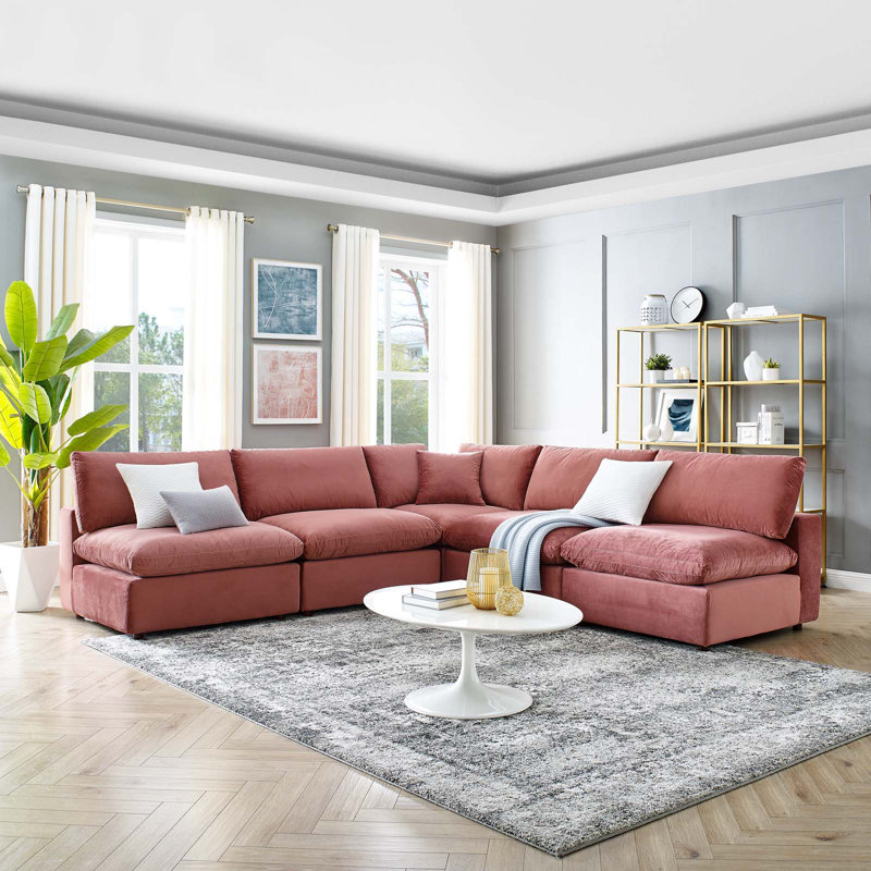 Commix Down Filled Overstuffed Velvet 5-Piece Sectional Sofa, Dusty Rose