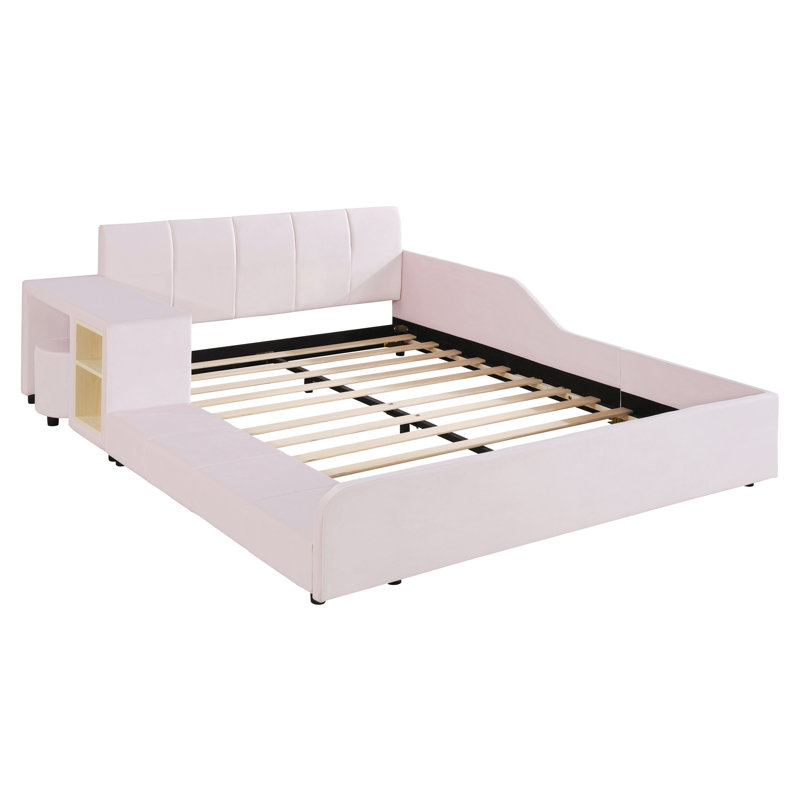 Lit tapissier bas standard avec bureau de chevet et tabouret rond, lit pour mère et enfant, Lit double, Rose