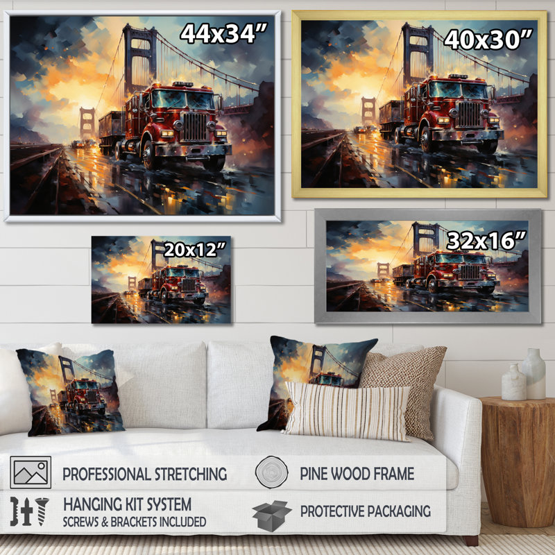 Camion de pompier en action - art mural grand pompier, Cadre simple noir, H 16 po x l 32 po x P 1 po