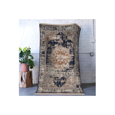 Tapis décoratif bleu marine à motif traditionnel motif lavable à la machine
