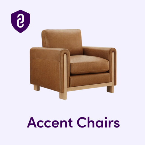 Tan leather accent chair with wooden frame and cushioned seat