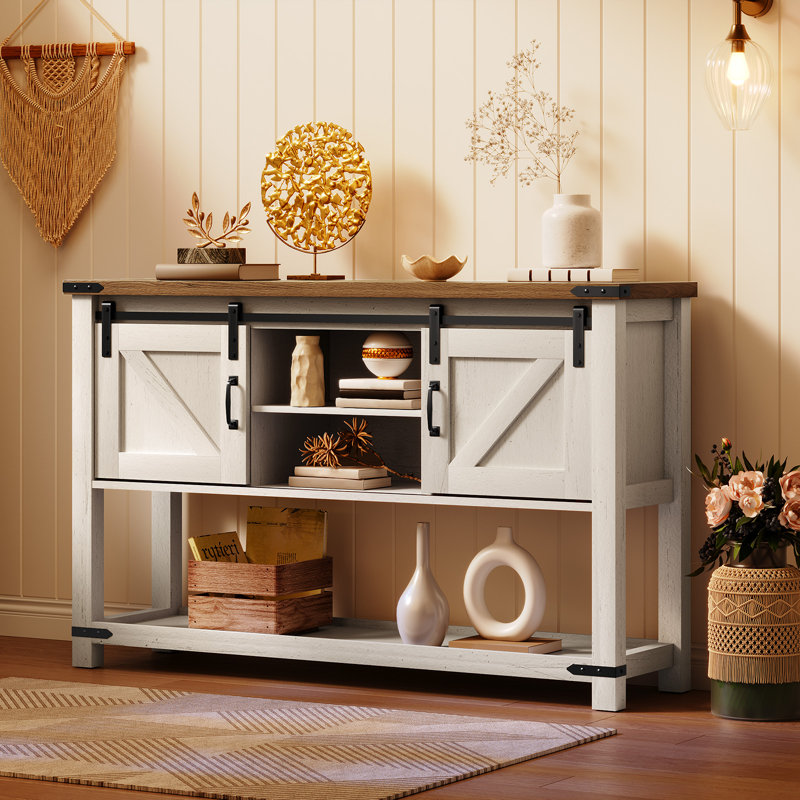 Ordonez 31.9" H Rectangular Console Table with Shelves, 31.9" H x 46" W x 13.8" D, Oak Wood/Antique White