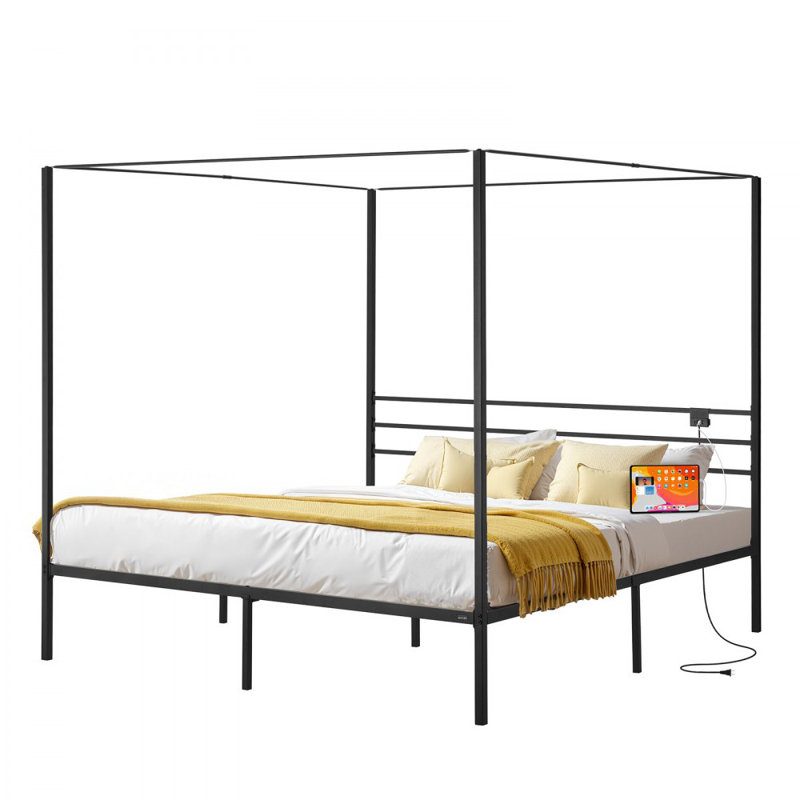 King Size Metal Canopy Bed Frame with Charging Station and Four Posters