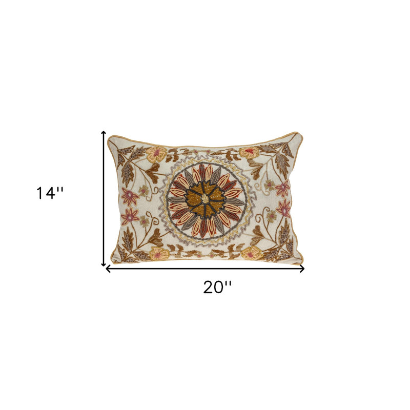 Coussin décoratif lombaire en coton à motif floral beige 14 po x 20 po