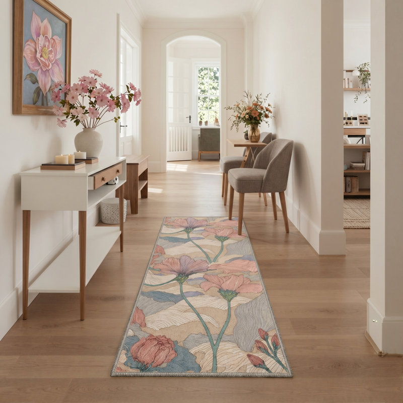 Botanique Floral Machine Washable Beige / Pink / Blue / Green Indoor Area Rug with Non-Slip Backing, Runner 2' x 6'