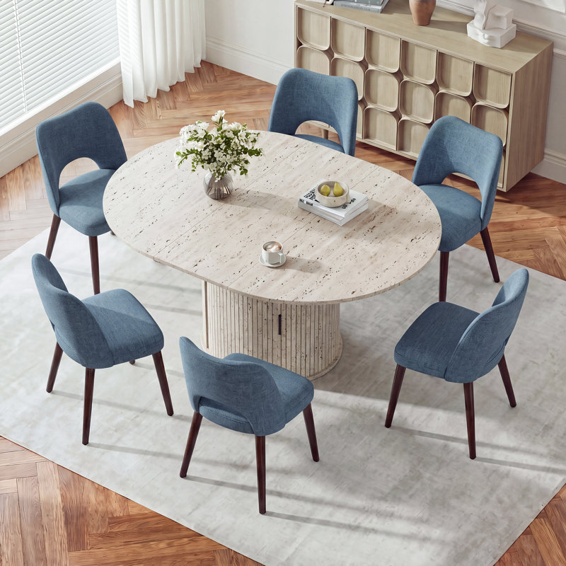 Ensemble de table de salle à manger moderne extensible ovale, table de rangement 47,2 "-63" avec 6 chaises, Blanc, Bleu