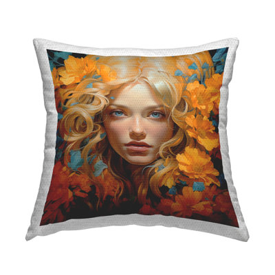 Orange Floral Girl Outdoor Printed Pillow by RB