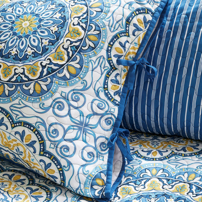 Housse de lit de jour 6 pièces - réversible bleu avec grand imprimé médaillon et dos rayé, convient à un lit simple, comprend une housse, 3 taies décoratives, 1 coussin décoratif, pièce facile à nettoyer, envers pour matelas, machine