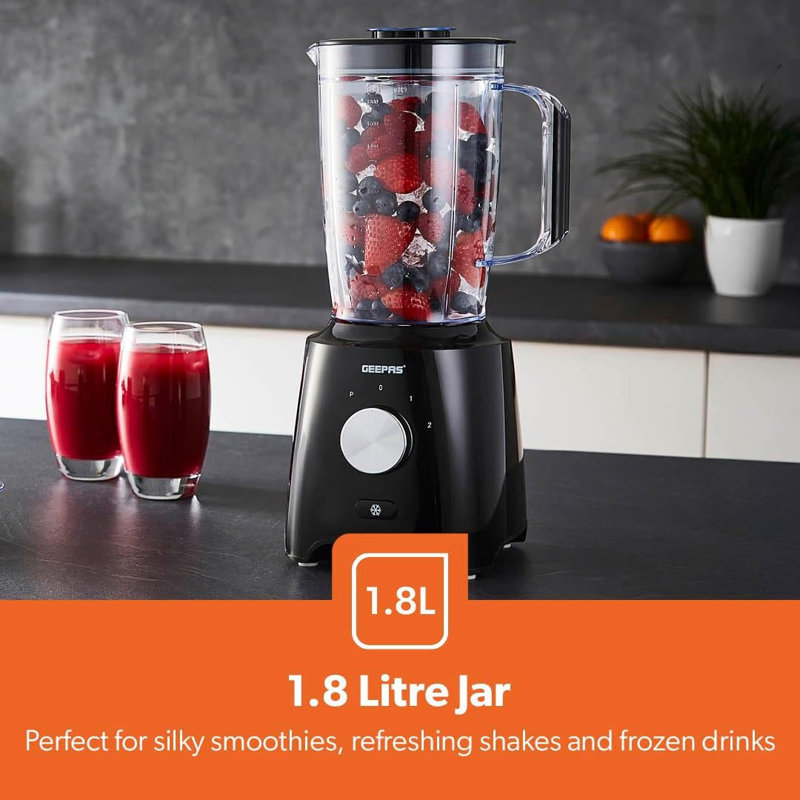 GEEPAS 2-in-1 Food Jug Blender | 1.8L Juice Jar & 60G Mini Coffee Spice Mill | 6-Leaf Stainless-Steel Blades 2 Speed & Pulse Lockable Lid Smoothie Maker Turbo Button for Ice Crushing | 600W