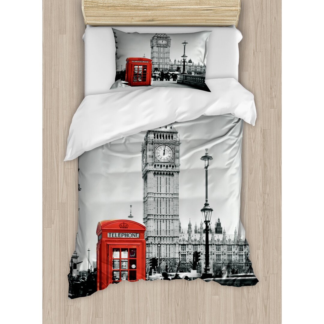 Bettbezug Set, Telefonzelle Big Ben, London, Grau Rot