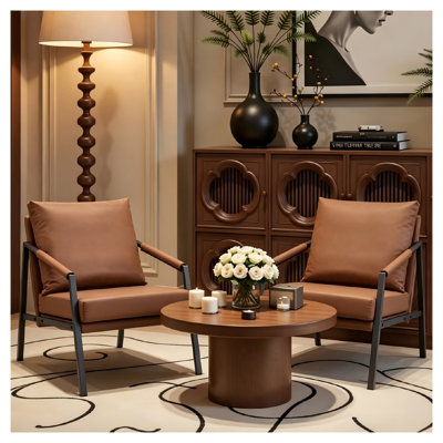 Fauteuil d'appoint moderne en similicuir avec structure en métal noir, fauteuil rembourré de style industriel pour salon, chambre ou bureau, brun