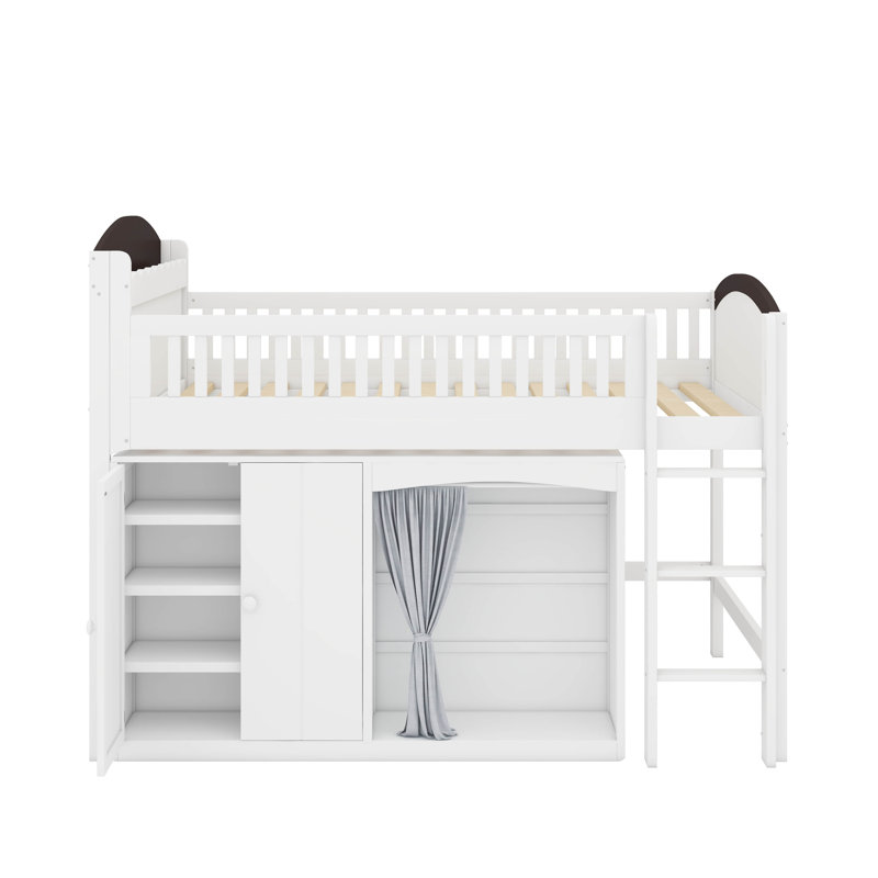 Twin Size Loft Bed With Storage Cabinet, Wardrobe, And LED Lighting, Solid Wood Loft Bed With Ladder And Guardrails For Teenagers