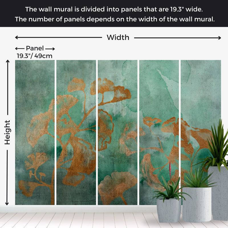 Murale botanique pelez et collez - Ginkgo cuivre abstrait, L 124 po x l 173 po