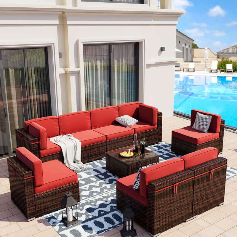 Keolani Wicker 8 - Person Modular Patio Conversation Set with Cushions, Bright Red