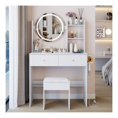 17" Round LED Mirror Vanity Table+Cushioned Stool, Equipped With 2 AC+2 USB Power Socket, Big Mirror, Touch Switch, 3 Colors, Adjustable Brightness, Large Desktop, Multi-Layer High Capacity Storage