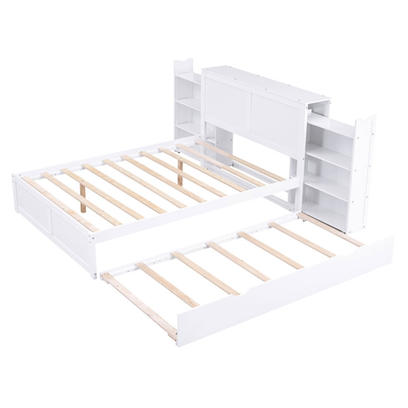 Lit plateforme double avec tablettes coulissantes et lit gigogne simple, Lit double