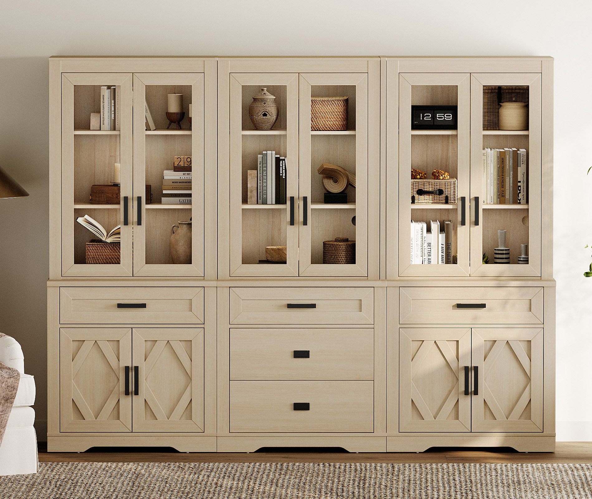 August Grove 3-Column Modern Farmhouse Bookcase Set With Adjustable ...
