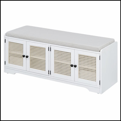 Rustic Storage Bench With Removable Cushion, Woven Rattan Doors & Adjustable Shelves For Hallway And Living Room