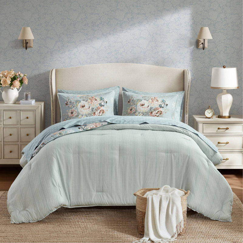 Ensemble de 7 pièces à motif floral inspiré du vin 7 pièces Cal King, bleu doux, Bleu multi