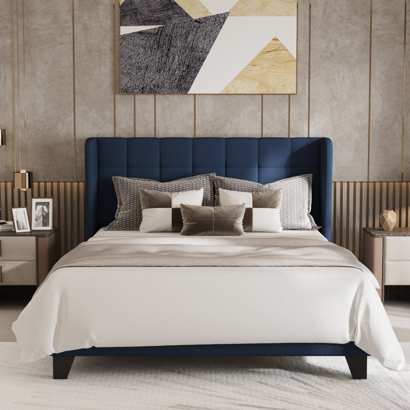 Upholstered Bed with Square Tufting and Wingback, Full , Blue