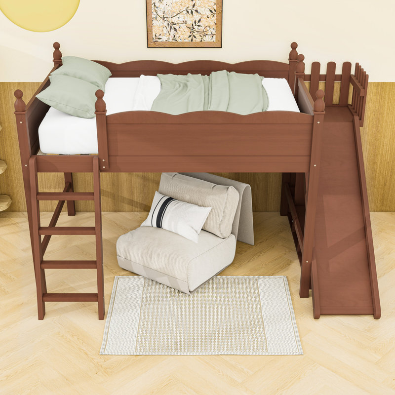 Lit mezzanine en bois avec garde-robe, glissade et tablettes, Lit double, Naturel foncé