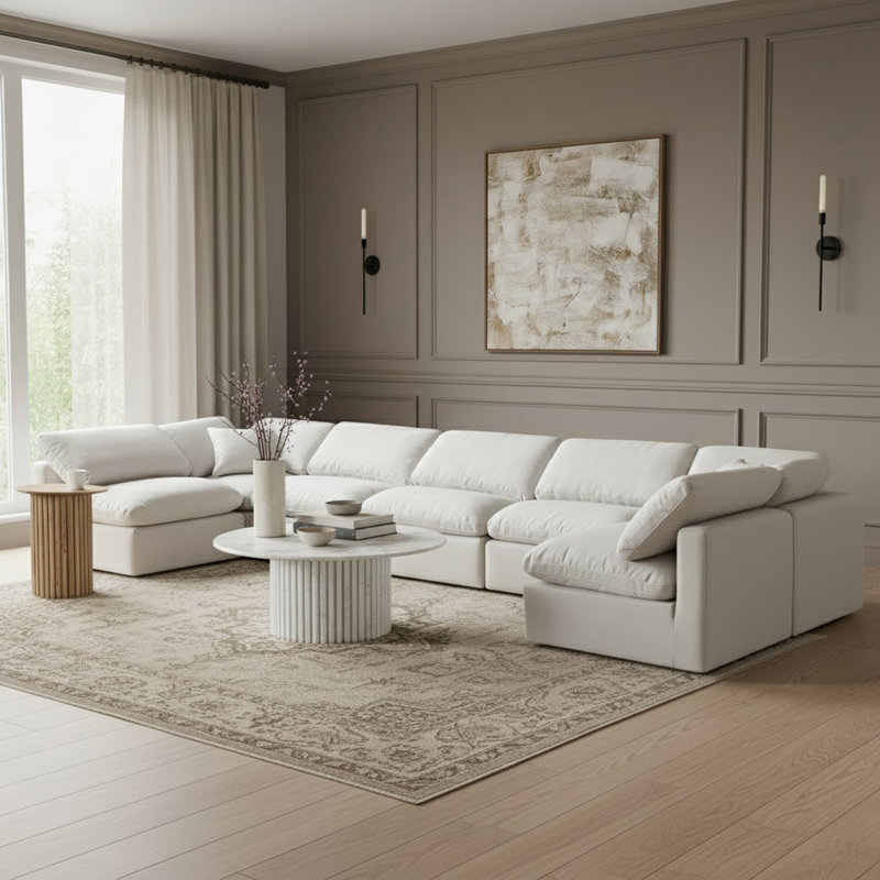 Grand canapé modulaire rembourré 7 pièces Itala, Tissu texturé en lin blanc