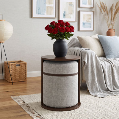 Table basse ronde avec tabouret tapissier amovible, table de bout 2-en-1 avec fente de rangement ouverte