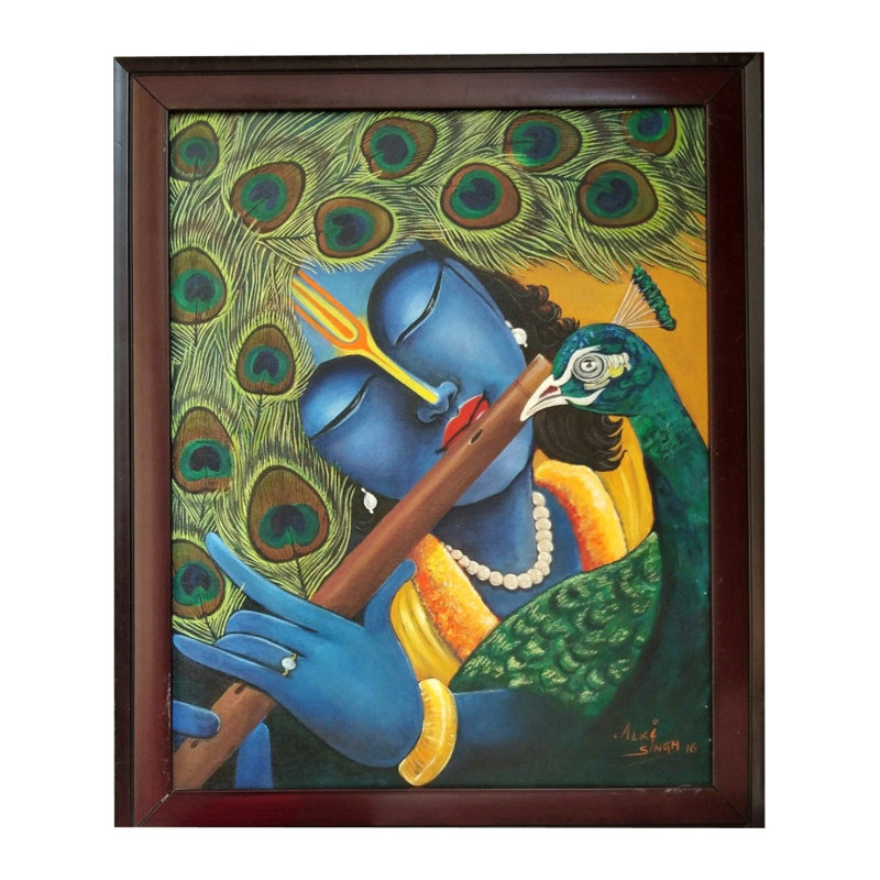 Lord Krishna jouant de la flûte | Acrylique sur toile | Par Alka Sengar | Avec cadre