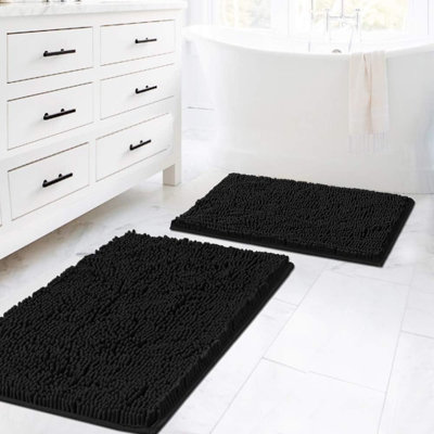 Ensemble de tapis de salle de bain noir 2 pièces, tapis de bain en chenille super épais et moelleux, tapis de bain lavables à la machine, à séchage rapide et absorbant l'eau