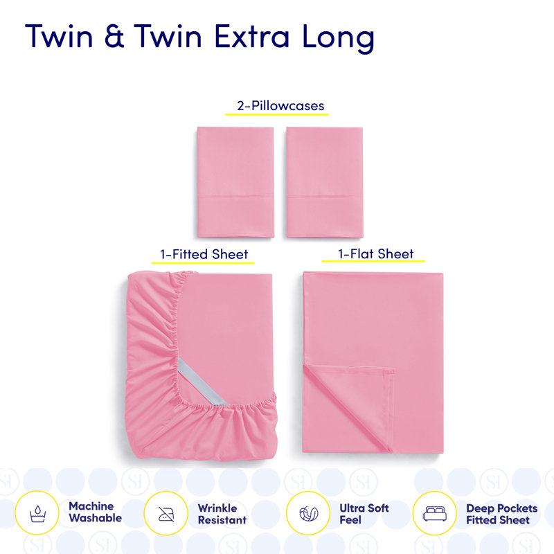 Luxurious Soft Microfiber Sheet Set with Bonus Pillowcases, Pink, Twin XL Sheet Set with 2 Pillowcases
