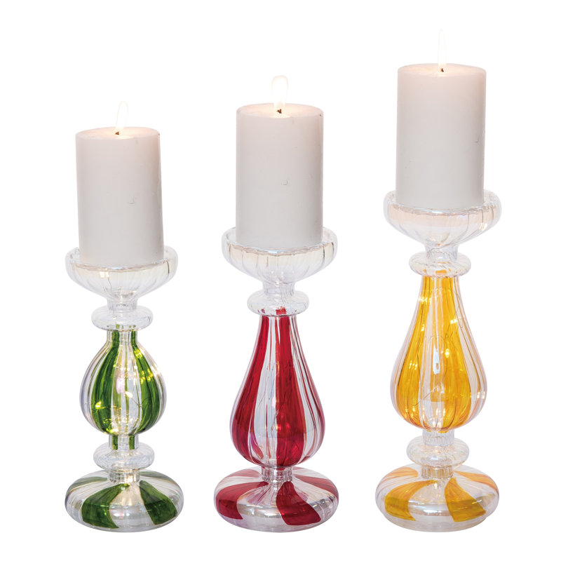Ensemble de 3 bougeoirs à rayures en verre Transpac