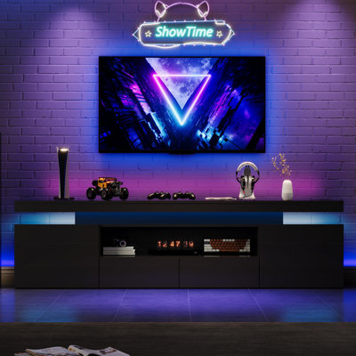 LED TV Stand for 75/80/85 Inch TV, Modern High Gloss Entertainment Center with Power Outlets, RGB LED Lights & Glass Storage Shelves, Media Console Table for Living Room & Bedroom