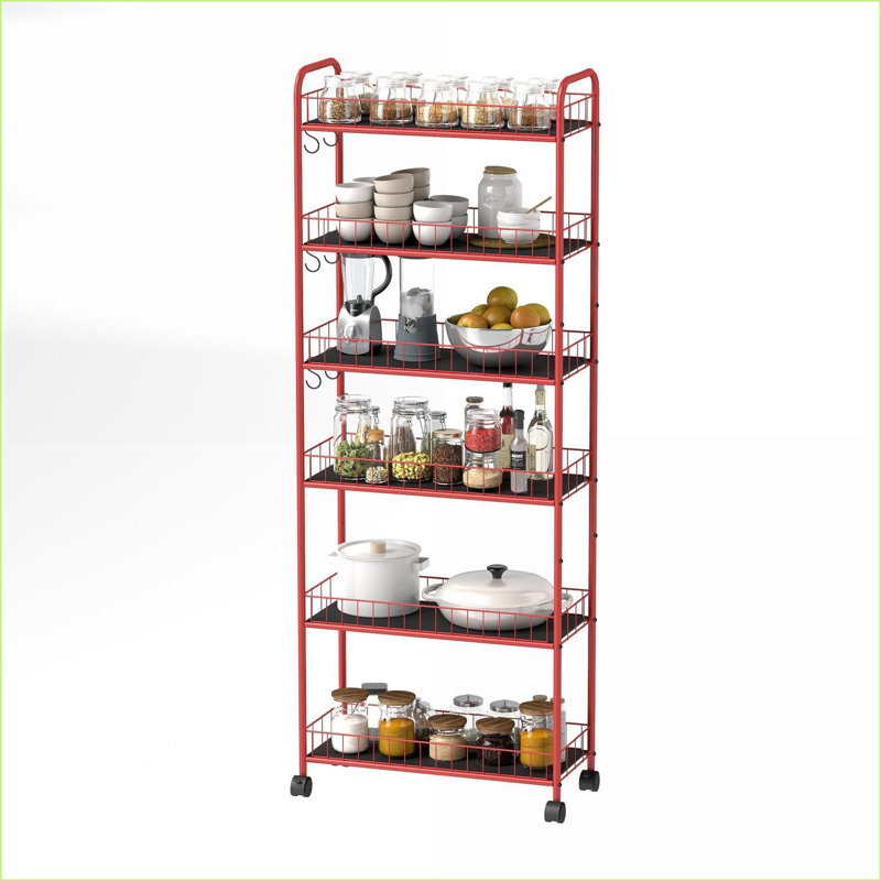 Chariot de rangement mince à roulettes, fil métallique à 6 niveaux avec roues, rouge | Rouge | Métal