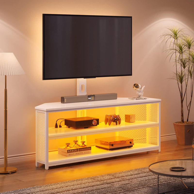 Swivel TV Stand With Built-In Mount, Power Outlet, And LED Lights For Flat Screen Tvs, Height Adjustable Media Console With Storage And Wire Management