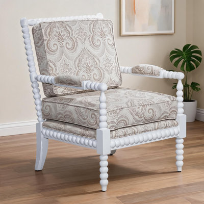 Fauteuil d'appoint de salon, fauteuil à accoudoirs en tissu taupe à motif cachemire blanc, style classique pour une détente quotidienne