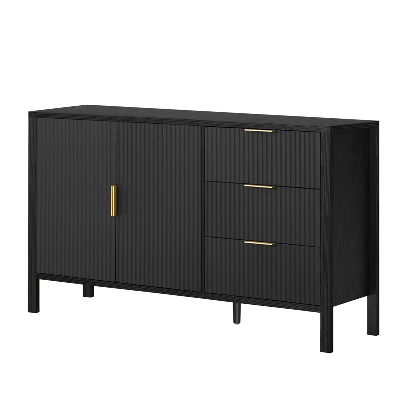 Elzy Wave-Pattern Wooden Sideboard with 3 Drawers & Hooks, Black