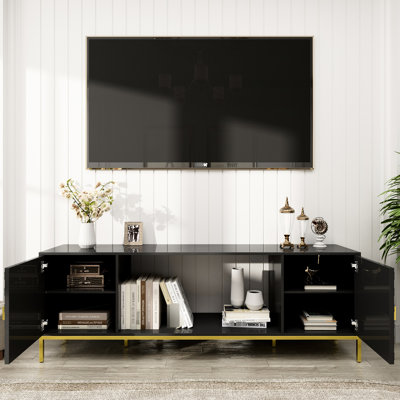 Heavy Duty 70-Inch Tv Stand, Media Entertainment Center With Cabinet Storage, Open Shelves, Triangular Handles, And Space For Electric Fireplace Honeycomb Design Adjustable Shelf Modern Golden