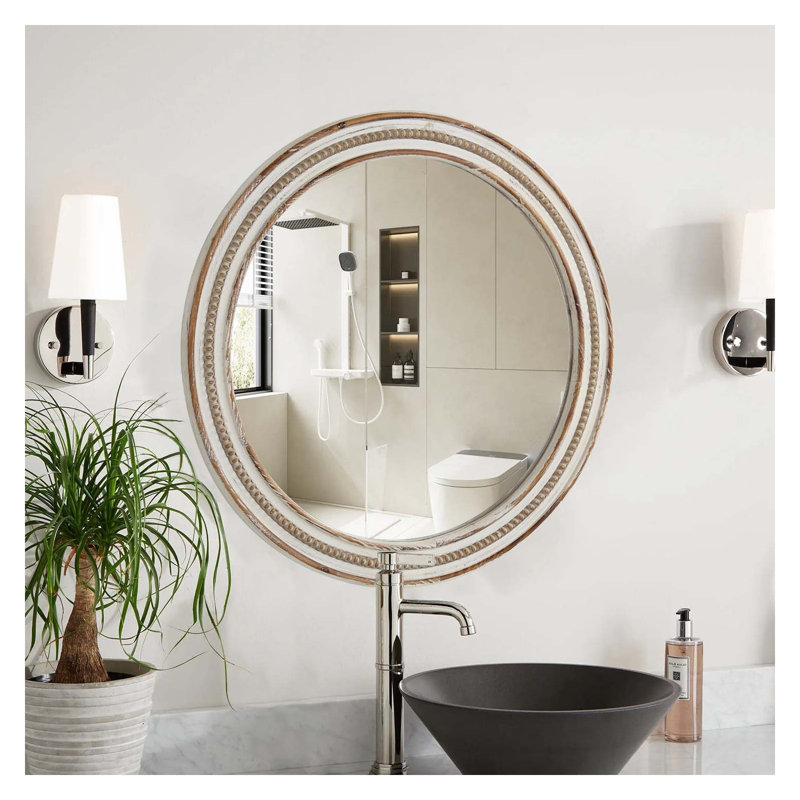 Miroir mural rond en bois de 90 cm (35,43 po) avec détails perlés, fini naturel antique, idéal pour l'entrée, la chambre à coucher et le salon.