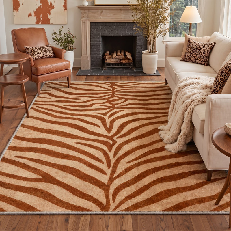 Tapis beige / orange à motif animal lavable à la machine avec envers antidérapant, Beige; orange, Rectangle 8' x 10'