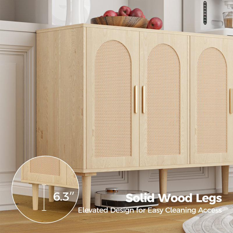 Buffet Ebern Designs, armoire de rangement avec portes en rotin, console avec 4 portes, armoire d'appoint avec pieds en bois massif pour le salon