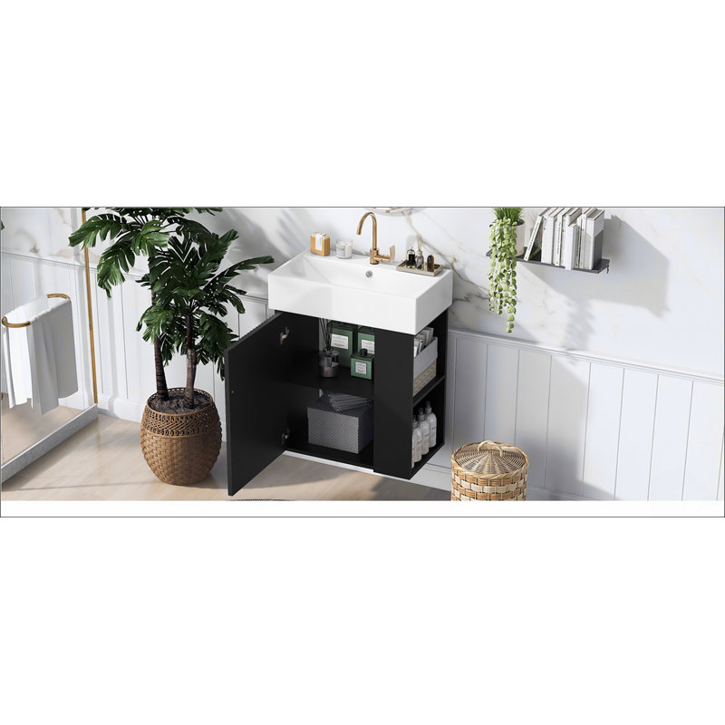 Meuble-lavabo flottant moderne de 21,6 po avec lavabo en céramique - parfait pour les petites salles de bain, rangement à droite