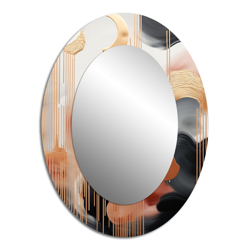 Harmonie abstraite dorée et blanche III - Miroir décoratif ovale abstrait sur métal, 40 po x 30 po