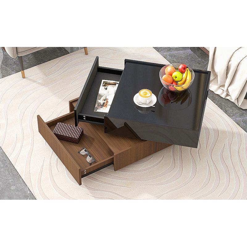 Multi-Functional Square 360°Rotating Coffee Table With 2 Drawers, High Gloss 2-Tier Centre Table With Swivel Tabletop And Storage, Walnut Table Frame Side Table For Living Room, Black