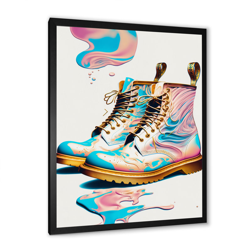 «Rose and Blue Art Deco Army Shoes I», peinture sur toile, H 20 po x l 12 po x P 1 po, Impression noire sur toile encadrée